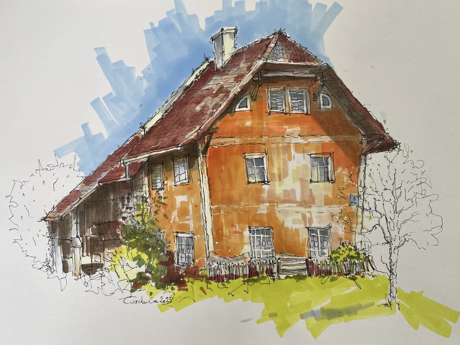 Diese House-Sketching-Arbeit zeigt ein individuell gezeichnetes Hausportrait von Cordula Altersberger. Mit Marker und Fineliner wird der Charakter des Gebäudes festgehalten – als persönliches Erinnerungsstück, Geschenk oder Auftragsarbeit. Handgezeichneter Markersketch eines Hauses als Auftragsarbeit von Cordula Altersberger
