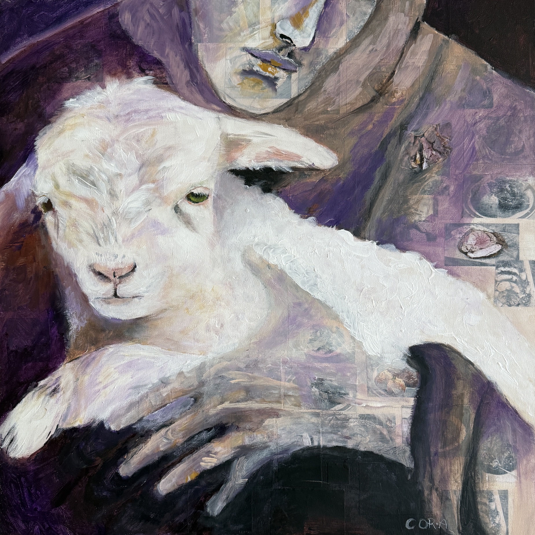 Acrylbild „Agnus Dei“ mit hellem Lamm vor violettem Hintergrund von Cordula Altersberger