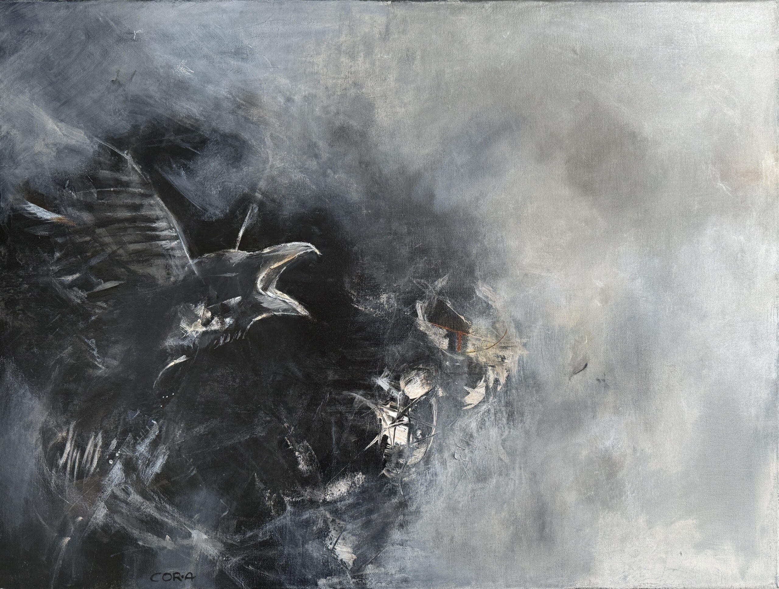 „Aufbruch“ ist ein Acrylbild von Cordula Altersberger aus dem Bereich Sinnbilder. Das Werk zeigt eine Krähe als zentrales Motiv und verbindet Bewegung, Spannung und symbolische Bildsprache zu einem offenen erzählerischen Moment. Acrylbild „Aufbruch“ mit Krähe von Cordula Altersberger