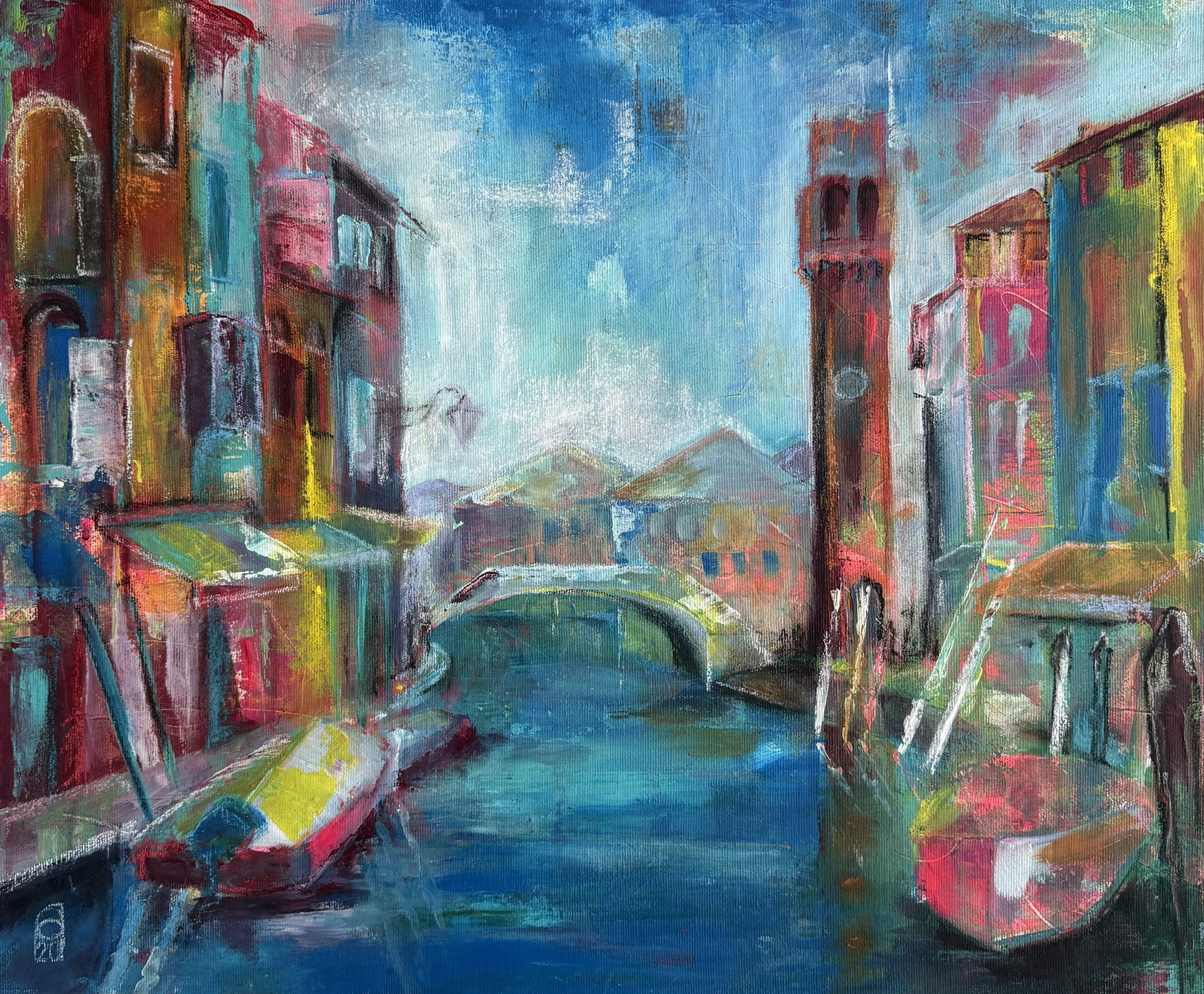 Werke Cordula Altersberger Acryl-Mischtechnik „Buntes Venedig“ mit farbiger venezianischer Stadtansicht von Cordula Altersberger