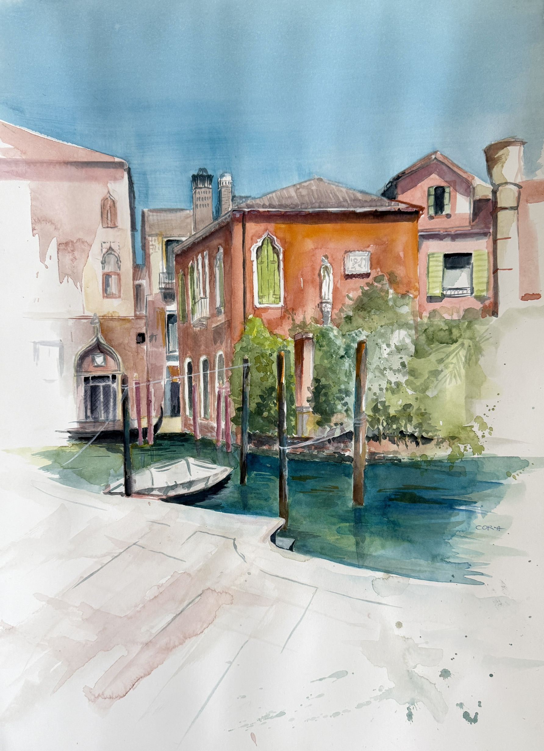 Aquarell „Ca’ Malcanton“ mit venezianischer Architektur am Wasser von Cordula Altersberger