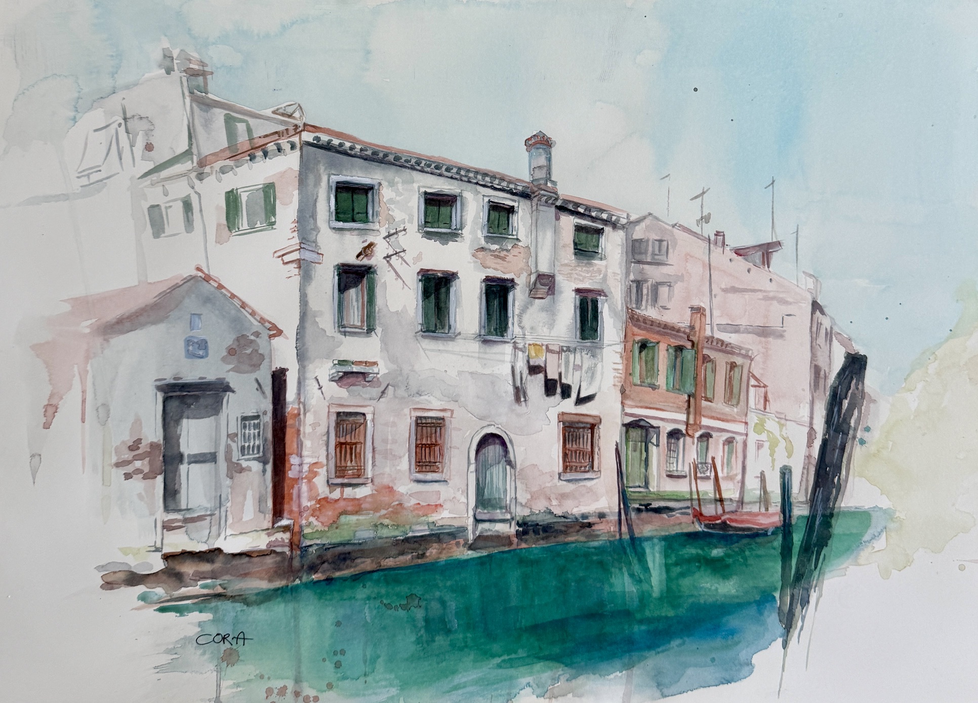 „Cannaregio“ ist ein Aquarell von Cordula Altersberger aus dem Bereich Lagunenstadt. Das Werk zeigt venezianische Architektur am Wasser und verbindet feine Linien, helle Fassaden und transparente Aquarellflächen zu einer ruhigen Ansicht der Lagunenstadt. Aquarell „Cannaregio“ mit venezianischer Architektur am Wasser von Cordula Altersberger