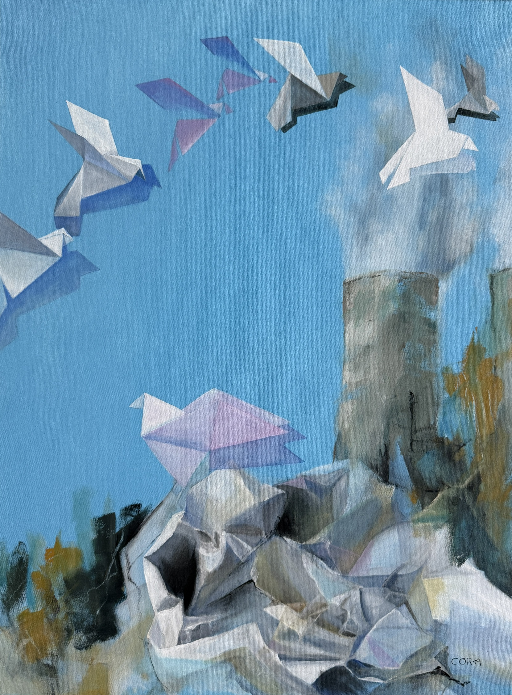 „Die unbezwingbare Falte (Echo von Hiroshima)“ ist ein Acrylbild von Cordula Altersberger aus dem Bereich Sinnbilder. Das Werk verbindet figürliche und symbolische Bildelemente zu einer nachdenklichen Komposition über Erinnerung, Verletzlichkeit und menschliches Dasein. Acrylbild „Die unbezwingbare Falte (Echo von Hiroshima)“ von Cordula Altersberger