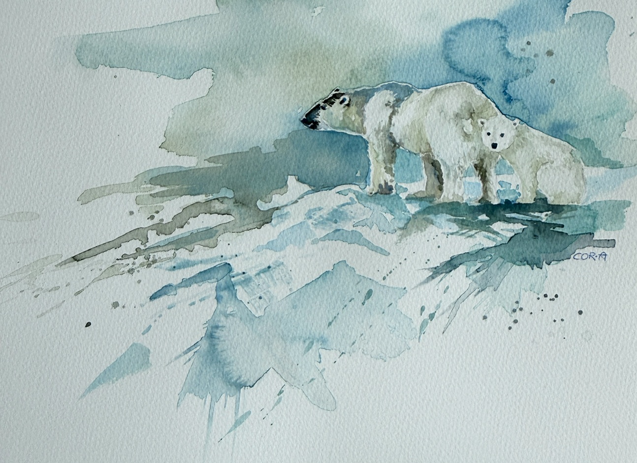 Aquarell „Eis mit Pfoten“ mit Tiermotiv von Cordula Altersberger