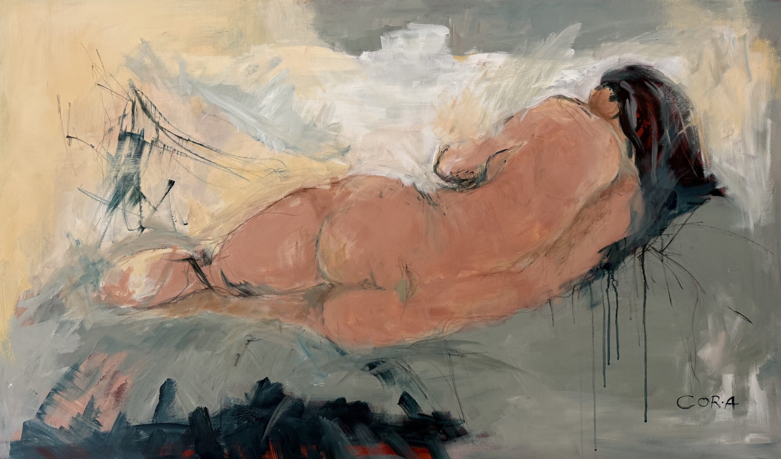 „Liegender Akt“ ist ein Acrylbild von Cordula Altersberger aus dem Bereich Aktkunst. Das Werk zeigt eine liegende Figur und nähert sich der menschlichen Form über Atmosphäre, Körperhaltung und eine ruhige, verletzliche Präsenz. Acrylbild „Liegender Akt“ mit liegender Figur von Cordula Altersberger