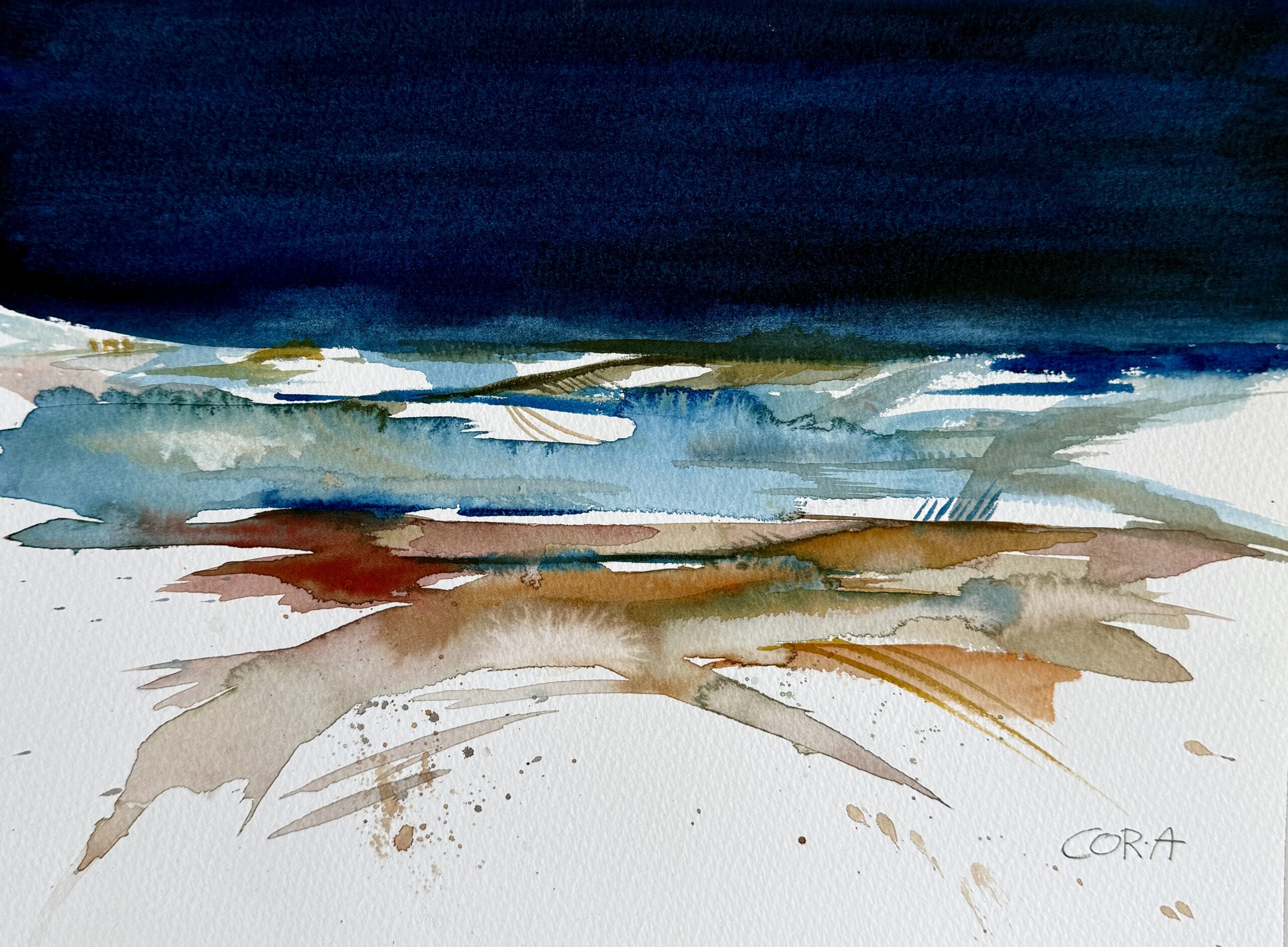 „Nachthimmel“ ist ein Aquarell von Cordula Altersberger aus dem Bereich Abstrakt. Das Werk zeigt eine reduzierte abstrakte Landschaft mit dunklem Himmel und feinen Farbverläufen, die eine ruhige, offene Stimmung erzeugen. Aquarell „Nachthimmel“ mit abstrakter Landschaft und dunklem Himmel von Cordula Altersberger