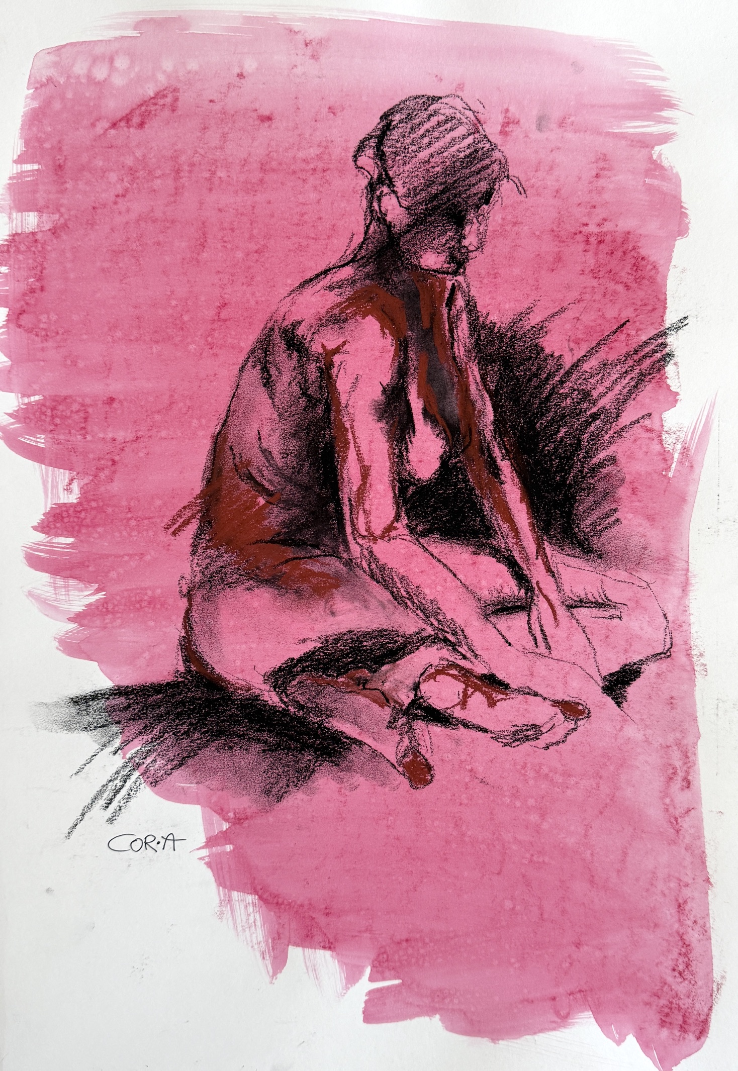 „Pink“ ist eine Arbeit in Aquarell-Mischtechnik von Cordula Altersberger aus dem Bereich Aktkunst. Das Werk zeigt eine sitzende Figur vor kräftigem pinkem Hintergrund und verbindet expressive Farbwirkung mit einer stillen, konzentrierten Körperhaltung. Aquarell-Mischtechnik „Pink“ mit sitzender Figur vor pinkem Hintergrund von Cordula Altersberger