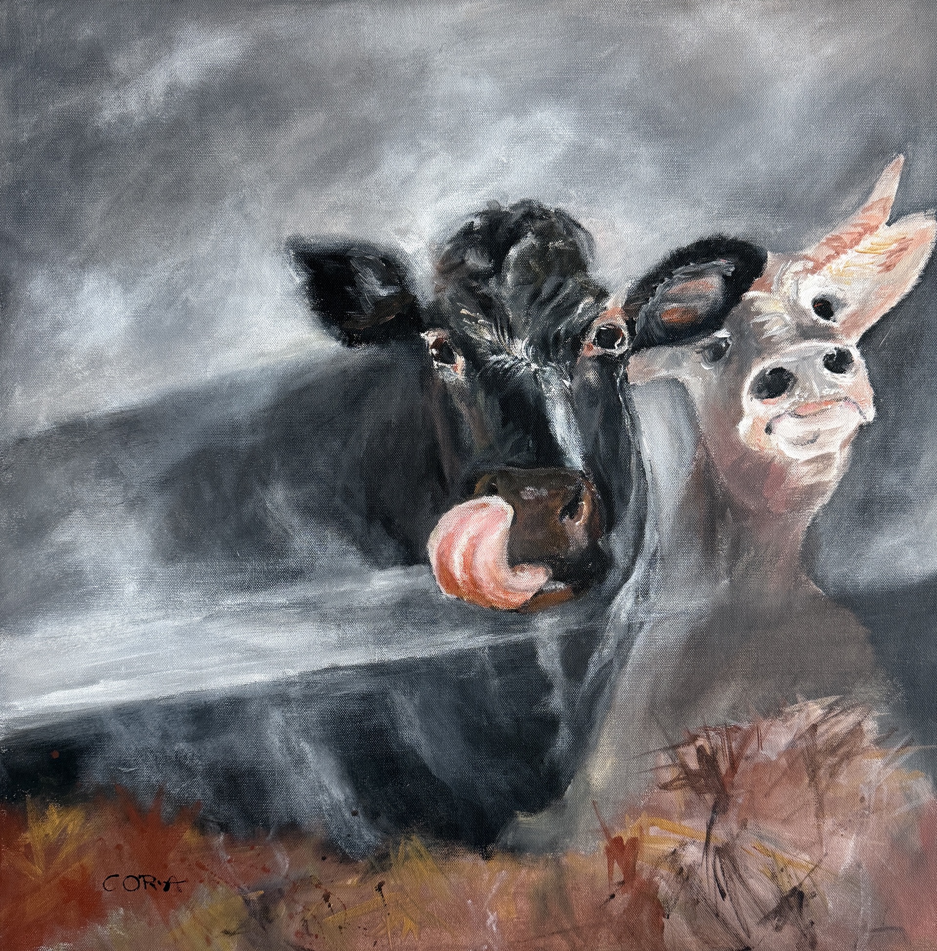 „Sonntagsbraten“ ist ein Acrylbild von Cordula Altersberger aus dem Bereich Tierverbunden. Das Werk zeigt Rind und Kalb in einer eindringlichen Darstellung und verweist auf Fragen von Mitgefühl, Würde und unserem Umgang mit Tieren. Acrylbild „Sonntagsbraten“ mit Rind und Kalb von Cordula Altersberger