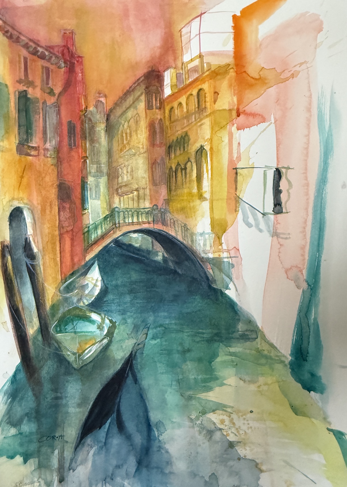 „Venedig“ ist ein Aquarell von Cordula Altersberger aus dem Bereich Lagunenstadt. Das Werk zeigt eine venezianische Szene mit Kanal, Architektur und leuchtenden Farbtönen und fängt die besondere Atmosphäre der Stadt zwischen Wasser, Licht und Vergänglichkeit ein. Aquarell „Venedig“ mit venezianischem Kanal und farbigen Fassaden von Cordula Altersberger