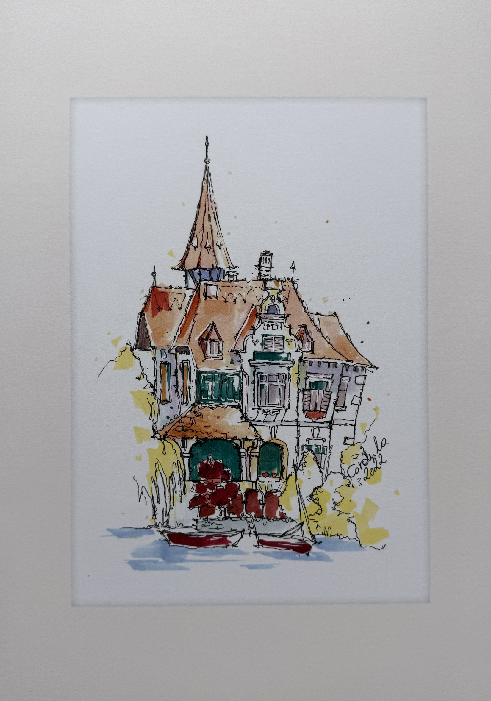 „Villa Verdin“ ist ein handgezeichneter Markersketch von Cordula Altersberger aus dem Bereich House-Sketching. Die Arbeit zeigt ein individuelles Hausportrait und hält den Charakter des Gebäudes in lockerer, lebendiger Linienführung fest. Markersketch „Villa Verdin“ als handgezeichnetes Hausportrait von Cordula Altersberger