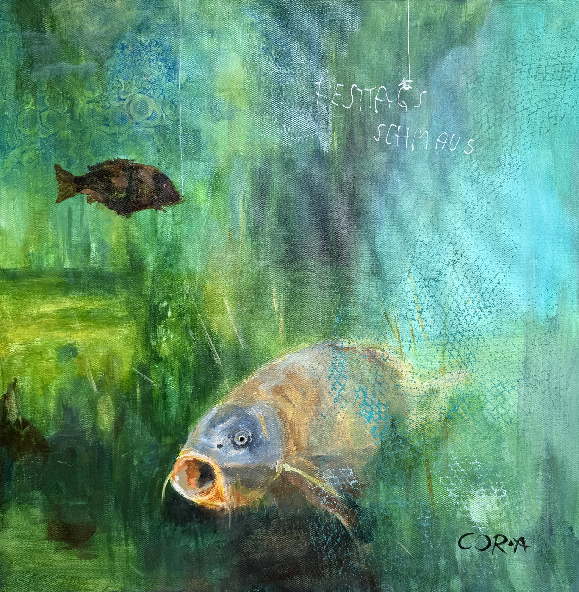 Festtagsschmaus · Acryl auf Leinwand · 60 × 60 cm · 2026 Fisch im Wasser mit Angelschnur und Netz von Cordula Altersberger